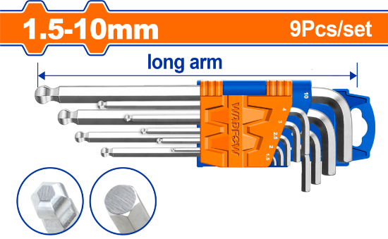 9 Pcs   طقم مسدس ميلة غلة طويل - Box (6 pcs) - 9pcs ball point hex key set
