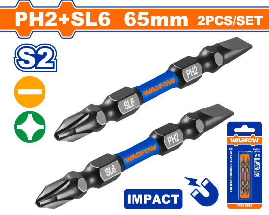 2 Pcs PH2+SL6.0 x 1.0 65mm S2 راس مفك مقدح مصالب وشق بولاد - Pcs - Impact Screwdriver bit