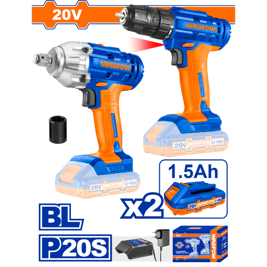 20V 2 Batt 1.5A مجموعة فرد شد عزق "1/2+مقدح بطاية - Pcs -