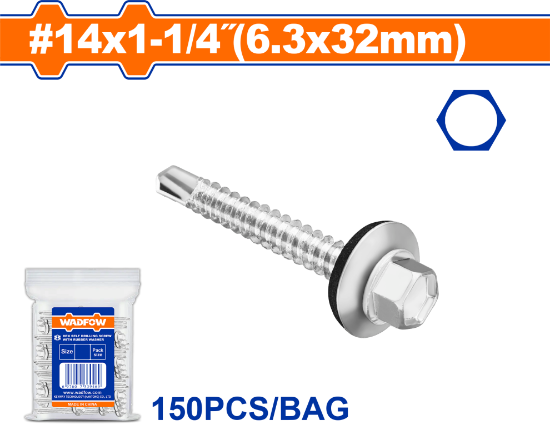 150 Pcs 14 x 1-1/4" (6.3x32mm) TOT  برغي  راس مسدس مزيبق - Pcs - Size: #14x1-1/4"(6.3x32mm)
