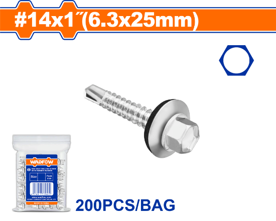 200 Pcs 14 x 1" (6.3x25mm) TOT  برغي  راس مسدس مزيبق - Pcs - Size: #14x1"(6.3x25mm)