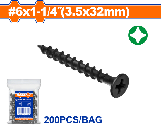200 Pcs  6 x 1-1/4" (3.5x32mm)   برغي اسود خشابي مصالب - Pcs -