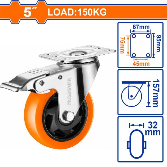 Load:150kg PP+PVC 5" دولاب قاعدة حديد متحركة بفرام - Pcs - 5" swivel caster wheel with brake