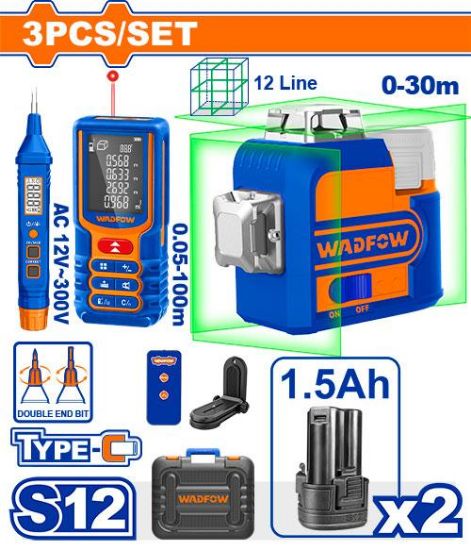 12V 12 Line 3D طقم متر ليزر ومفك تاست خارجي ليزر شقلة اخضر - Pcs - Cordless laser level and distance measuring kit