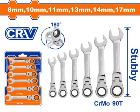 6pcs  8 - 17 mm   طقم شق مسنن طقطاق بيطوي - Pcs - 6 Pcs Short flexible ratchet spanner set
