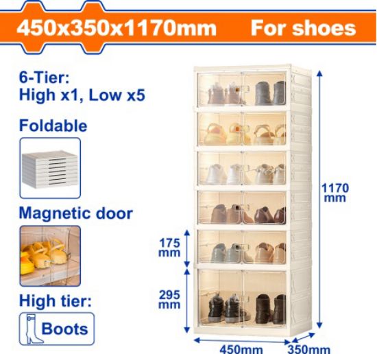 (450x350x1170)mm 6-Tier خزانة أحذية قابلة للطي  - Pcs - 6-tier double row foldable shoe cabinet