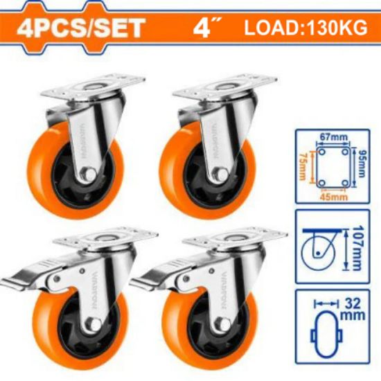 Load:130kg PP+PVC 4"  طقم ولايب قاعدة حديد متحركة 2 بفرام 2 ثابت - Pcs - 4 Pcs Caster wheel set